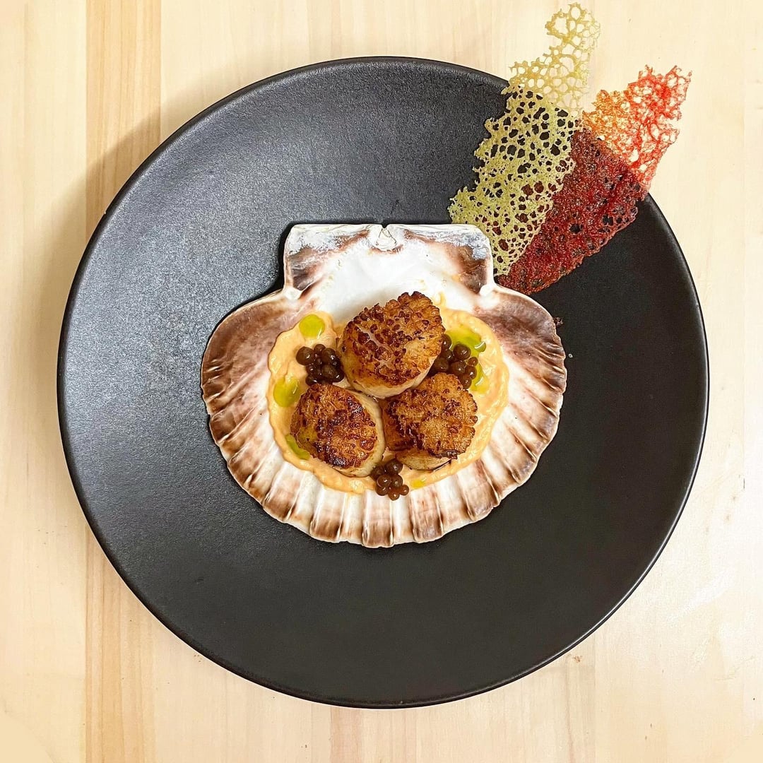 Seared Scallops with a Scallop Roe Emulsion, Black Garlic Pearls and ...