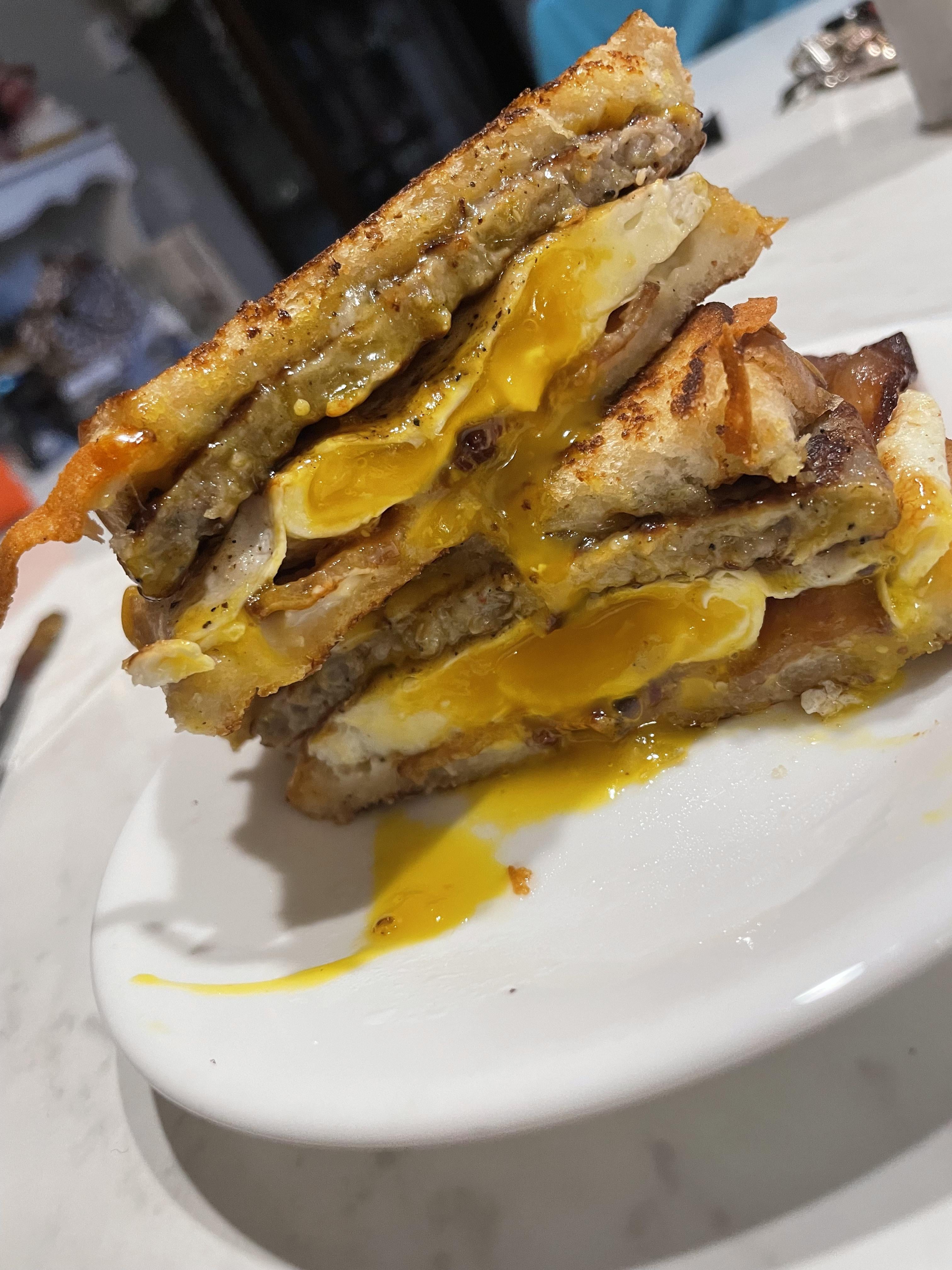 Sausage, egg, bacon, and cheese on toasted Italian bread[homemade ...