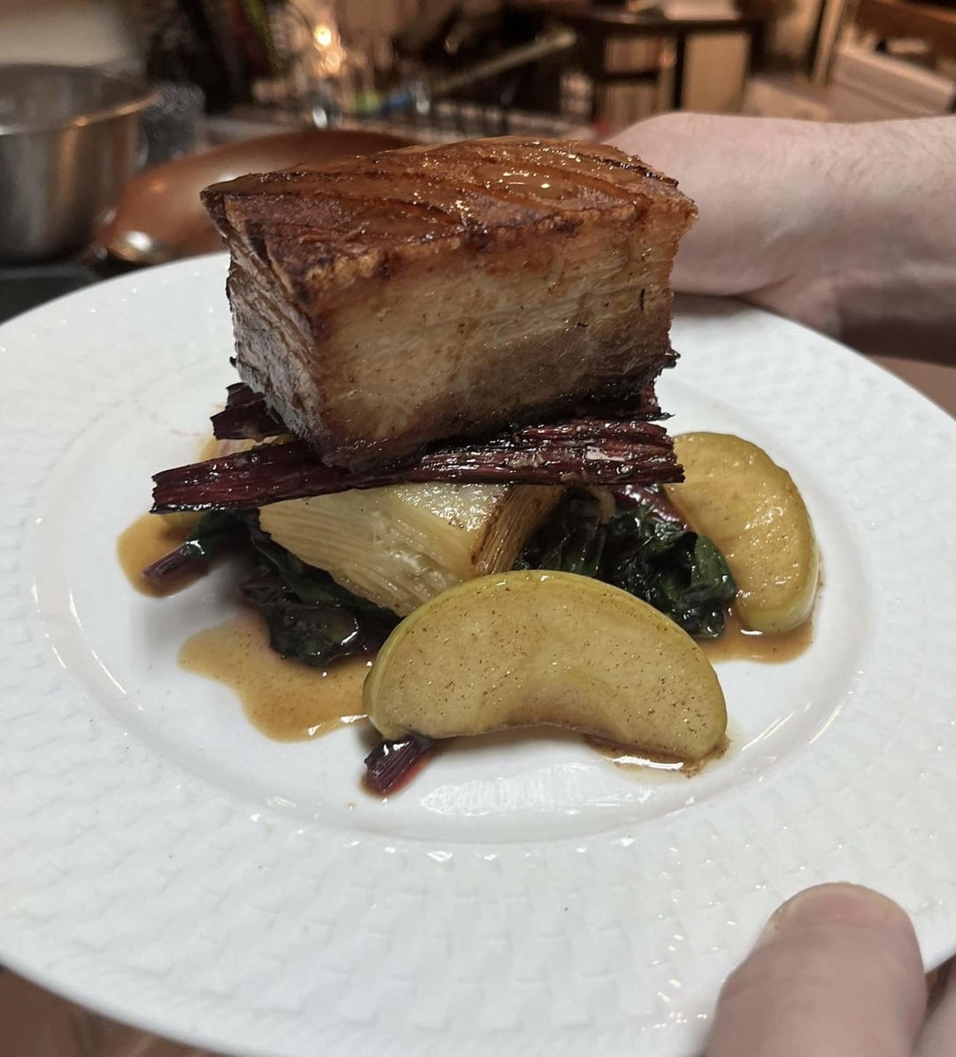 Apple Cider Braised Pork Belly, Potato Pave, Sautéed Swiss Chard